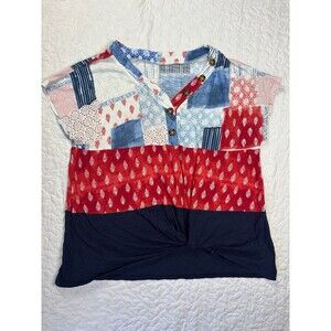 Patchwork Twist Knot Half Button Blouse No Size Tag. Measurement Suggests LRG
